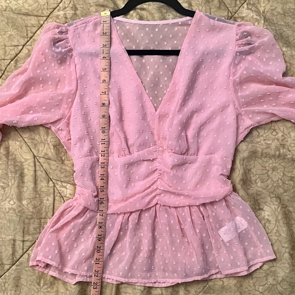 Lyaner Pink Peplum Top Ruched Waist Billowy Sleeves Size L - Picture 4 of 5